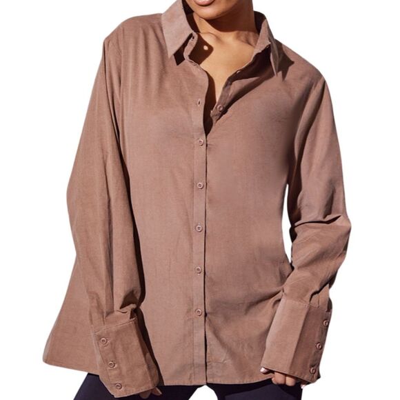 Taupe Brown Textured Shirt Button Up Long Sleeve Button Cuff Button Closure Sz M - Picture 1 of 8